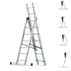 Echelle Transformable 3 Plans StablePro 3x7 Marches Aluminium Extensible Coulissante, 6 Positions, Hauteur Travail Max 5,00m, Garantie 5 Ans, Hostrom