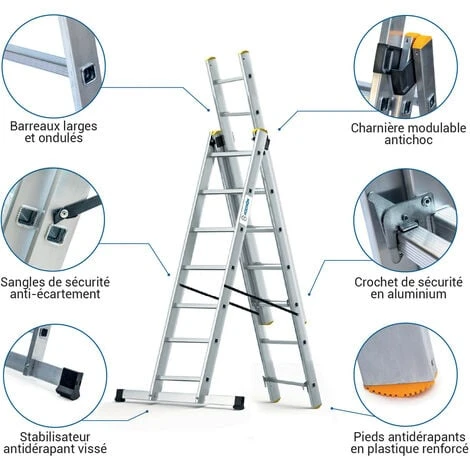 Echelle Transformable 3 Plans StablePro 3x7 Marches Aluminium Extensible Coulissante, 6 Positions, Hauteur Travail Max 5,00m, Garantie 5 Ans, Hostrom â Image 2