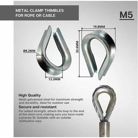 INDUSTRIAL Cosse Coeur M5 Protege Cable Acier Galvanisé Diamètre Cable Acier 5mm Pack 25 Fixation Solide Et Durable Pour Application Marine, Industrielle, Serre Cable, Entre Autres. – Image 5
