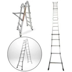 Échelle Articulée Pliante Et Télescopique En Aluminium 4x5 Marches 4,96m + 1 Tablette