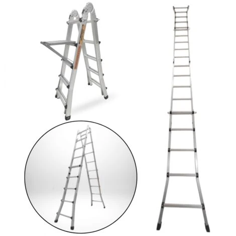 Échelle Articulée Pliante Et Télescopique En Aluminium 4x5 Marches 4,96m + 1 Tablette