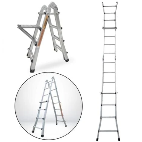 Échelle Articulée Pliante Et Télescopique En Aluminium 4x4 Marches 3,88m + 1 Tablette