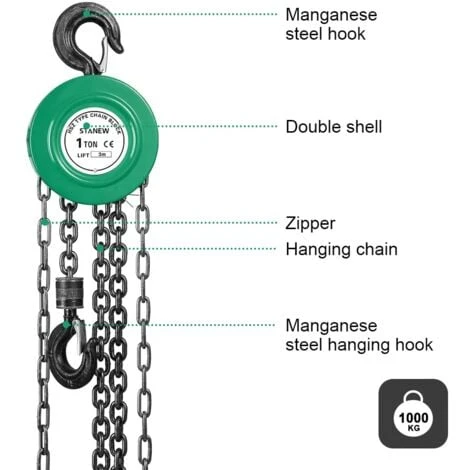 Palan à Chaîne Manuel Avec Crochet Robuste STANEW, Hauteur De Levage 3M, Vert,Double-Chaîne De Charge,Chaîne G80,Crochet De Levage Avec Sécurité (1 Tonne 3M) – Image 2