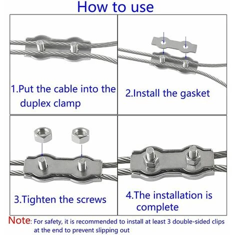M2 Duplex Clips 304 Attaches De Câble En Acier Inoxydable Duplex Wire Rope Clips Pour Corde à Linge Cordes à Linge Soleil Voiles Suspendus Patio Fixe 8pcs Convient Pour Câble Métallique De 2 Mm – Image 4