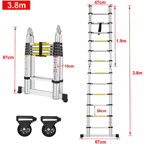 AUFUN Pliable échelle Télescopique En Aluminium De 3,8m (1,9+1,9M) – Image 2