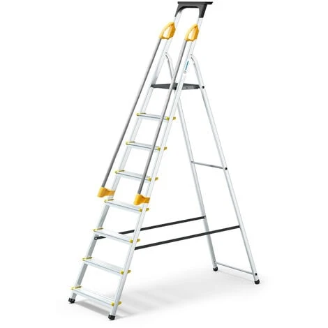Escabeau 8 Marches DURAMP Sécurisé Avec Rampes, Tablette Porte-outils, Marchepied Pliable Aluminium, Hauteur Plateforme 162cm, Garantie 5 Ans Hoström