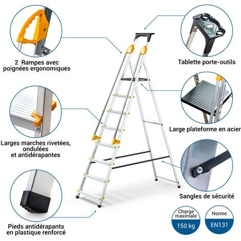 Escabeau 8 Marches DURAMP Sécurisé Avec Rampes, Tablette Porte-outils, Marchepied Pliable Aluminium, Hauteur Plateforme 162cm, Garantie 5 Ans Hoström – Image 2