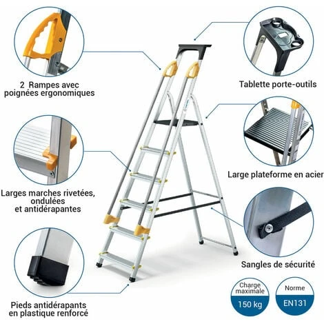 Escabeau 6 Marches DURAMP Sécurisé Avec Rampes, Tablette Porte-outils, Marchepied Pliable Aluminium, Hauteur Plateforme 119cm, Garantie 5 Ans Hoström – Image 2