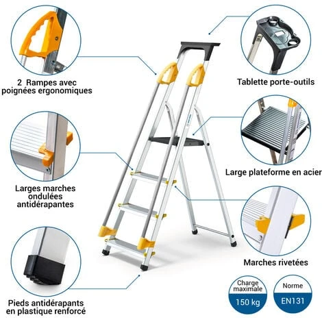 Escabeau 4 Marches DURAMP Sécurisé Avec Rampes, Tablette Porte-outils, Marchepied Pliable Aluminium, Hauteur Plateforme 75cm, Garantie 5 Ans Hoström – Image 2