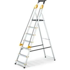 Escabeau 7 Marches DURAMP Sécurisé Avec Rampes, Tablette Porte-outils, Marchepied Pliable Aluminium, Hauteur Plateforme 140cm, Garantie 5 Ans Hoström