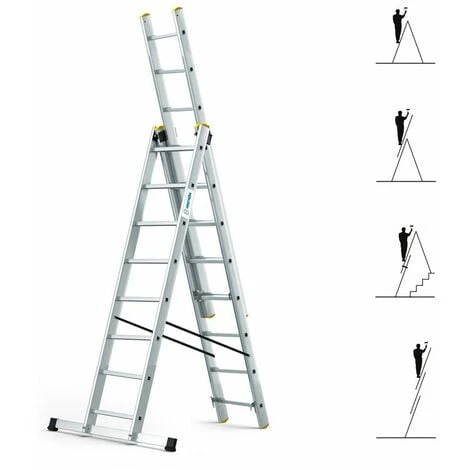Echelle Transformable 3 Plans StablePro 3x8 Marches Aluminium Extensible Coulissante, 6 Positions, Hauteur Travail Max 5,05m, Garantie 5 Ans, Hostrom