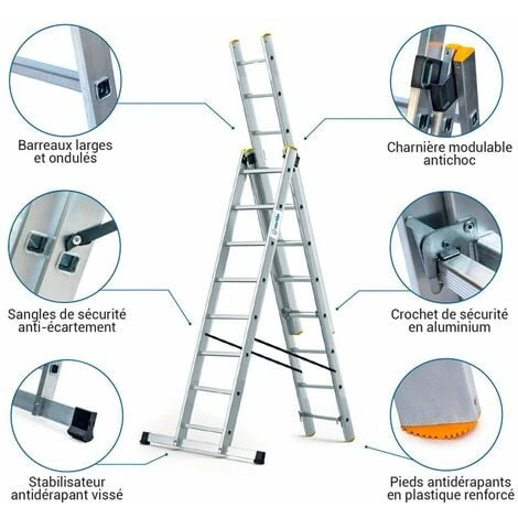 Echelle Transformable 3 Plans StablePro 3x8 Marches Aluminium Extensible Coulissante, 6 Positions, Hauteur Travail Max 5,05m, Garantie 5 Ans, Hostrom â Image 2