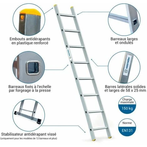 Echelle Simple StablePro 8 Marches En Aluminium, Légère Et Durable, Hauteur De Travail Maximale 3,2m, Garantie 5 Ans, Charge Maximale 150kg, Hostrom – Image 2