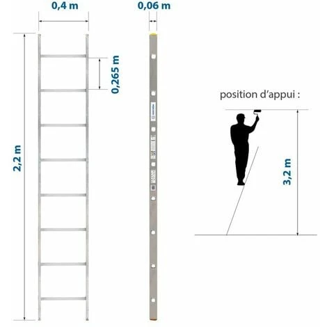Echelle Simple StablePro 8 Marches En Aluminium, Légère Et Durable, Hauteur De Travail Maximale 3,2m, Garantie 5 Ans, Charge Maximale 150kg, Hostrom – Image 3