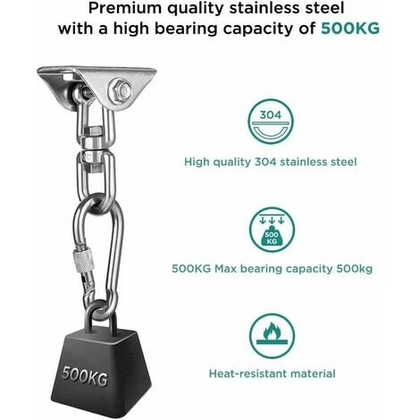 Lot De 4 Crochets De Plafond, Crochets De Suspension Pivotants à 360 ° Acier Inoxydable 304 Capacité De Charge 500 Kg Kit D'ancrage Mural Mousqueton Pour Balançoire, Hamac, Yoga, Sac De Frappe – Image 3