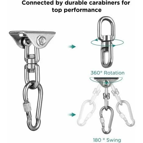 Lot De 4 Crochets De Plafond, Crochets De Suspension Pivotants à 360 ° Acier Inoxydable 304 Capacité De Charge 500 Kg Kit D'ancrage Mural Mousqueton Pour Balançoire, Hamac, Yoga, Sac De Frappe – Image 4