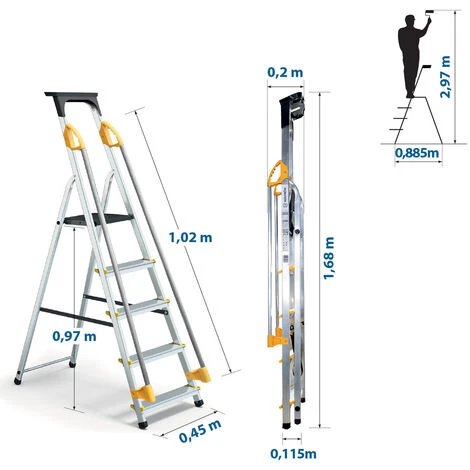 Escabeau 5 Marches DURAMP Sécurisé Avec Rampes, Tablette Porte-outils, Marchepied Pliable Aluminium, Hauteur Plateforme 97cm, Garantie 5 Ans Hoström – Image 3