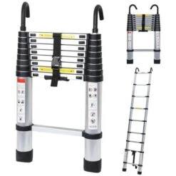 Randaco Echelle Télescopique Aluminium Avec Crochet Escabeau Argent Multifonction Portable Pliante 2,6m