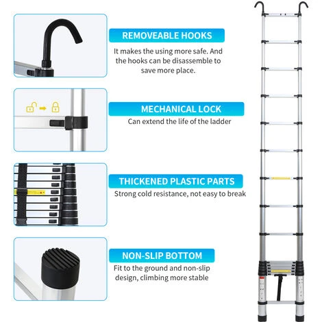 Randaco Echelle Télescopique Aluminium Avec Crochet Escabeau Argent Multifonction Portable Pliante 2,6m – Image 2