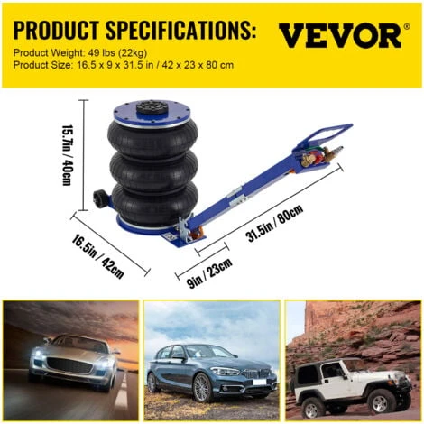 VEVOR Cric Pneumatique 6T Regelable Bleu, Cric De Levage Pneumatique 6T, Cric Pneumatique Gonflable Avec Rouleur, Cric Gonflable Hauteur De Levage 16,5-40 Cm, Poignee Portable Pour Reparation Atelier – Image 2