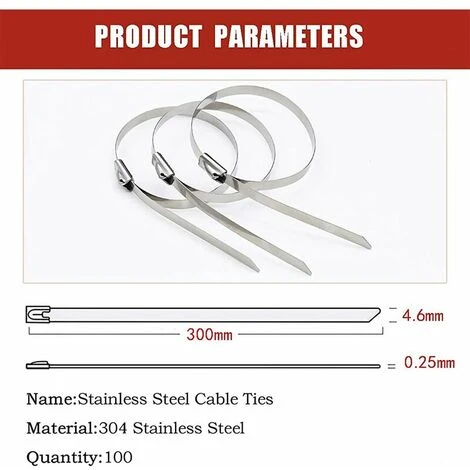 100 Pièces Attaches De Câble Robustes. Collier De Serrage Inox En Acier Inoxydable Serre-câbles Autobloquante 4.6x300mm – Image 2