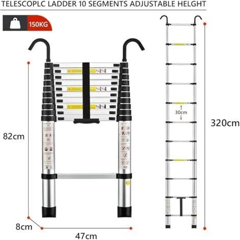 STANEW Aluminium Échelle Pliante Télescopique Pliable Avec Mains Courantes Amovibles, Extensible Échelle Droite Simple Multifonctionnelle, Charge Max. 150 Kg (hauteur - 3,2 M) – Image 2