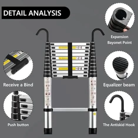 STANEW Aluminium Échelle Pliante Télescopique Pliable Avec Mains Courantes Amovibles, Extensible Échelle Droite Simple Multifonctionnelle, Charge Max. 150 Kg (hauteur - 3,2 M) – Image 3