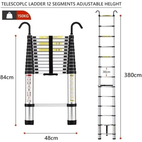 STANEW Aluminium Échelle Pliante Télescopique Pliable Avec Mains Courantes Amovibles, Extensible Échelle Droite Simple Multifonctionnelle, Charge Max. 150 Kg (hauteur - 3,8 M) – Image 2