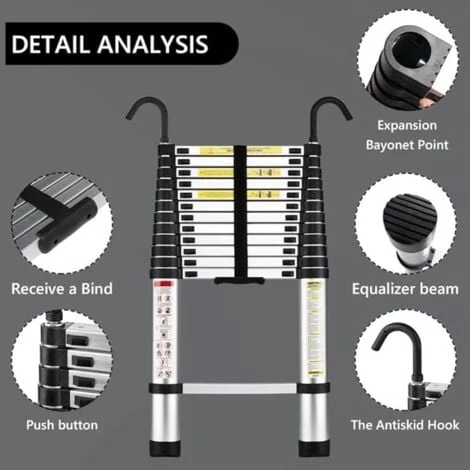 STANEW Aluminium Échelle Pliante Télescopique Pliable Avec Mains Courantes Amovibles, Extensible Échelle Droite Simple Multifonctionnelle, Charge Max. 150 Kg (hauteur - 3,8 M) – Image 3
