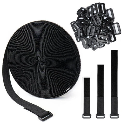 Sangles De Câble Réglables De 10m Avec 50 Boucles, Attaches De Câble Réutilisables Noires, Sangle De Fixation à Crochet Et Boucle Pour La Gestion Des Câbles (10m X 2cm, Noir)