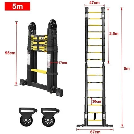Echelle Télescopique Pliable En Aluminium 5m Echelle Multifonctionnelle Echelle Simple Echelle Extensible - Noir + Jaune NAIZY – Image 2